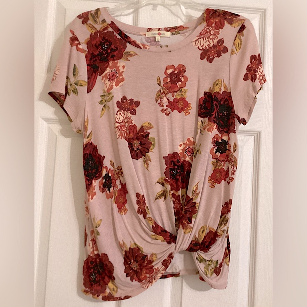 Pink Floral Knotted Blouse, Short Sleeve, Medium